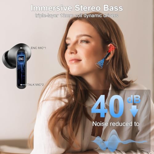 Jxrev Wireless Bluetooth 5.4 Earbuds, 6D Stereo Ear Buds, LED Power Display - color: Carbon Black