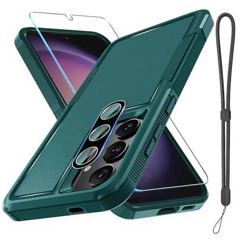 Case for Samsung Galaxy S24 FE, Full Body Heavy Duty Rugged Shockproof Protective Phone Cover with Lanyard Strap, Tempered Glass Screen Protector and Camera Lens Cover, Dark Green | Rugged Shockproof Protective Case,with Tempered Glass Screen Protector +