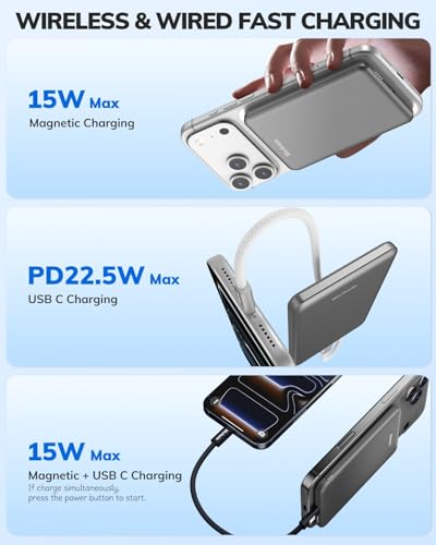 Hichain Magnetic Portable Charger for iPhone, Wireless Power Bank 5000mAh Magnetic Charger for iPhone 17 16 15 14 13 12 Series, Magnetic Safe Charging with 60W USB C Charge Cable - Dark Grey - color: Dark Grey