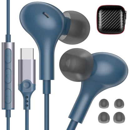 USB C Headphones for Apple/iPhone Duo 18 17 16 15 Wired Earbuds with Case - color: Lake Blue