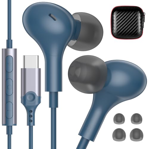 USB C Headphones for Apple/iPhone Duo 18 17 16 15 Wired Earbuds with Case - color: Lake Blue