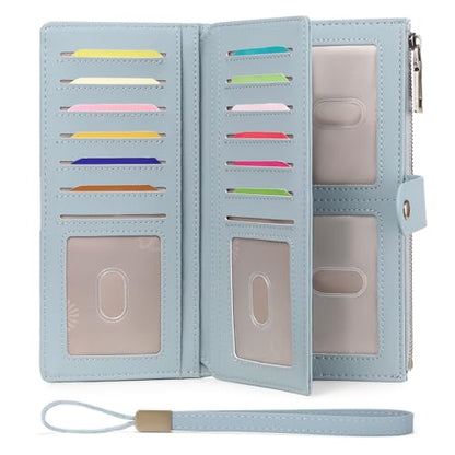 GAEKEAO Wallets for Women Leather RFID Blocking Large Capacity Card Case Ladies Wristlet Clutch Wallets Zipper Pocket with 4 ID Windows 20 Card Slots - color: Light Blue