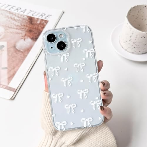 NITITOP Compatible with iPhone 15 Case Clear Cute Bow Ribbon Love Heart Pattern for Women Girls Bowknot Full Camera Lens Soft TPU Slim Shockproof Protective Cover - White - color: White, size: iPhone 15