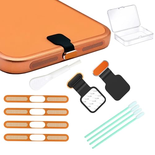 [2-Pack] Metal Phone Anti-Lost Dust Plug, Type-C Cover Cap, Metal Mesh Speaker Dust Cover, Cell Phone Cleaning Kit with Brush Port Plug Set Accessories for iPhone17 Pro/Pro Max (Orange 17 Pro) - color: Orange 17 Pro