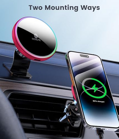 for Magsafe Car Mount Charger 15W LED RGB Car Phone Holder for Dash Vent - color: Red