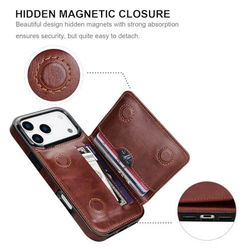 KIHUWEY Compatible with iPhone 17 Pro Max Wallet Case Credit Card Holder, Premium Leather Kickstand Flip Hidden Magnetic Clasp Durable Shockproof Protective Cover for 6.9 inch (Brown) - color: Brown