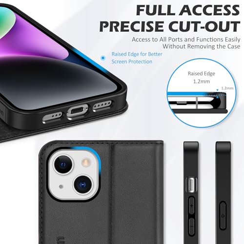 SHIELDON Genuine Leather Folio Wallet Case for iPhone 14 6.1" 2022, Black | Magnetic Closure, RFID Blocking, Credit Card Holder, Kickstand, Book Design, Shockproof Phone Cover - color: Black