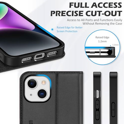 SHIELDON Genuine Leather Folio Wallet Case for iPhone 14 6.1" 2022, Black | Magnetic Closure, RFID Blocking, Credit Card Holder, Kickstand, Book Design, Shockproof Phone Cover - color: Black
