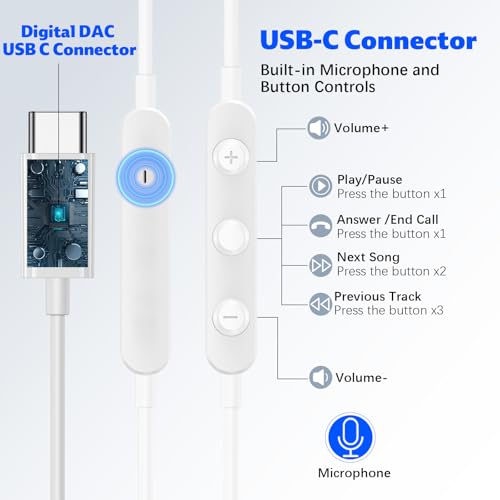 USB C Headphone for iPhone 18 Pro/17 Pro Max 16 Wired Earbuds,White - color: White