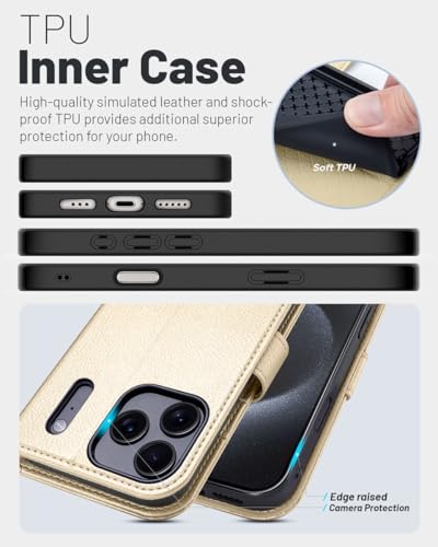 OCASE Compatible with iPhone 17 Pro Wallet Case, PU Leather Flip Folio Case with Card Holders RFID Blocking Kickstand [Shockproof TPU Inner Shell] Phone Cover 6.3 Inch 2025, Gold - color: Gold