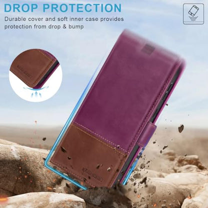 KEZiHOME Genuine Leather Wallet Case for Samsung Galaxy S25 Ultra | Purple/Brown, RFID Blocking, S25 Ultra Wallet Case, Card Slot, Flip, Magnetic Stand Phone Cover Compatible with S25 Ultra - color: Purple/Brown, size: Galaxy S25 Ultra Case