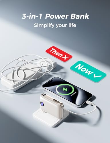 Portable Charger Power Bank 10000mAh, 45% Smaller Built-inCables & AC Plug - color: Off-White