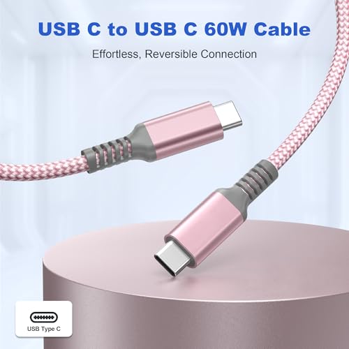 Basesailor USB C to USB C 60W Cable 3.3FT 2Pack Pink Braided Fast Charging - color: Pink, size: 3.3FT/1M
