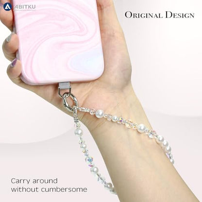 Phone Charm, Pearl Crystal Beaded Wrist Strap for Women, Hands-free, Drop-proof and Anti-theft, Detachable, with Tether Tab & Black Lanyard Strap - color: Pure White