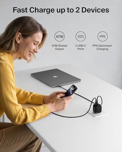 Belkin 67W Dual-Port GaN USB C Charger Block, Fast Charging - style: 67W Black