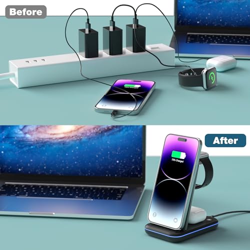 Wireless Charger for iPhone, Foldable 3 in 1 Fast Charging Station/Stand/Multi Charger for iPhone15 14 13 12 11/Xs/XR/X/8, Travel Pad for Apple Watch S8/Ultra/7/6/5/4/3/2/SE, Airpods 2/3/Pro/Pro 2