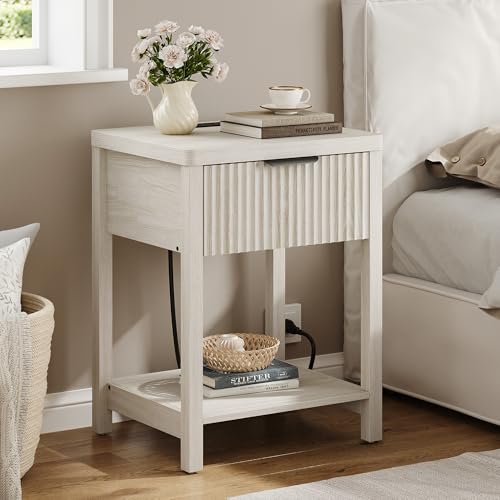 Night Stand Set 2, Fluted Wood Nightstands w/Charging Station for Bedroom - color: Grey White, size: 1 Drawer-Set of 2 Nightstand