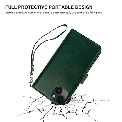 Bocasal Detachable Wallet Case Card Holder for iPhone 14, Green | RFID Blocking Kickstand Card Slots Holder PU Leather Magnetic Shockproof Wrist Strap Removable Flip Protective Cover 6.1 inch - color: Green