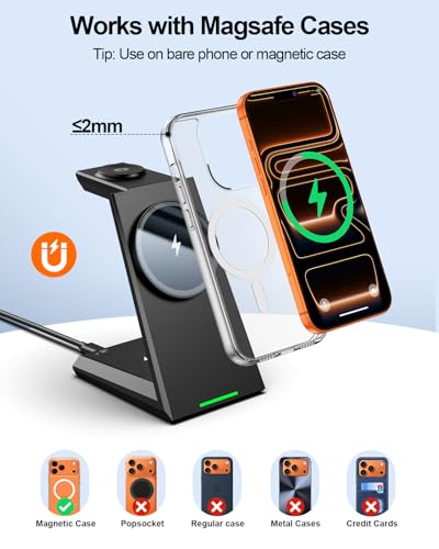 3 in 1 Magnetic Wireless Charging Station - 15W Fast Charging for iPhone 18 Pro Max/17/16/15/14/13/12, Compatible with MagSafe, for Apple Watch & AirPods, Auto-Dimming Indicator, Includes 30W Adapter - color: Black