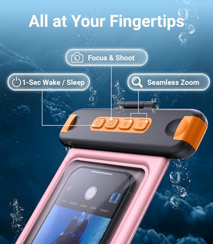 IP68 Bluetooth Shutter Waterproof Phone Pouch Case,Floating,Pink | Hands-Free Photo & Video Underwater Control.Large Waterproof Phone Case Universal Fit for 8.5" Phone(iPhone Samsung Google) - color: Pink