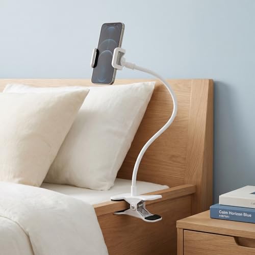2 Pcs White Flexible Gooseneck Phone Holder with Clamp – Bendable Overhead Cell Phone Mount Stand for Desk, Bed, Compatible with iPad and Smartphones