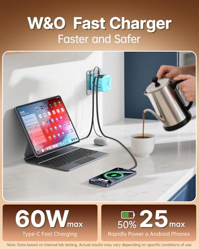 W & O 60W Gan Fast Charger Wall Plug, Built-in Retractable USB-C & L Cables - color: Blue