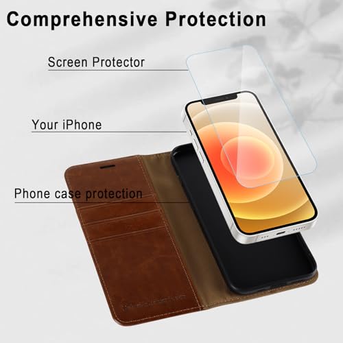 MONASAY Wallet Case Compatible for iPhone 12 mini 5G 5.4-inch,[Glass Screen Protector Included] [RFID Blocking] Flip Folio Leather Cell Phone Cover with Credit Card Holder, Brown - color: Brown