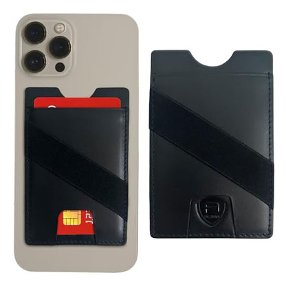 Alban Leather Stick On Cell Phone Wallet with Finger Strap, Phone Pocket Case for Credit Card, ID, Cash - Strong Adhesive, RFID Blocking, Compatible with Most Phones