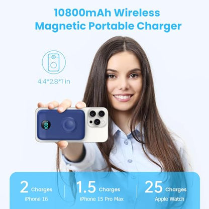 Magnetic Portable Charger with Apple-Watch Charger,10800mAh 25W PD Fast Charging Wireless Power Bank,4 Outputs Travel Essential Battery Pack for Magsafe,iPhone 17/17 Pro Max/16/15/14/13/12 All Series - color: Blue