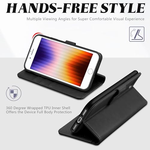 TUCCH Wallet Case for iPhone SE 2022/ iPhone 7/8/iPhone SE 2020 4.7", Black | 3 Card Holders, Kickstand, PU Leather, Shockproof TPU Shell, Magnetic Closure, Protective Folio Cover - color: Black
