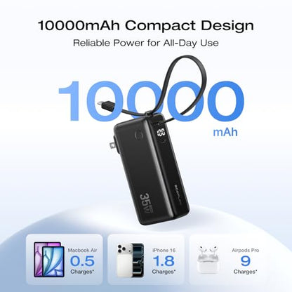 EF ECOFLOW Rapid 3-in-1 Portable Charger, 10,000mAh Power Bank with Built-in USB-C Cable and Foldable Wall Plug, 30W Max Battery Pack, Travel Essentials for iPhone 17/16/15 Series, Galaxy, MacBook