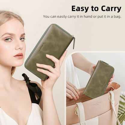 VISOUL Leather Long Zipper Pouch Wallet for Men and Women with RFID Blocking, Large Clutch Cash Long Wallet with Zipper (Olive Green) - color: Olive Green