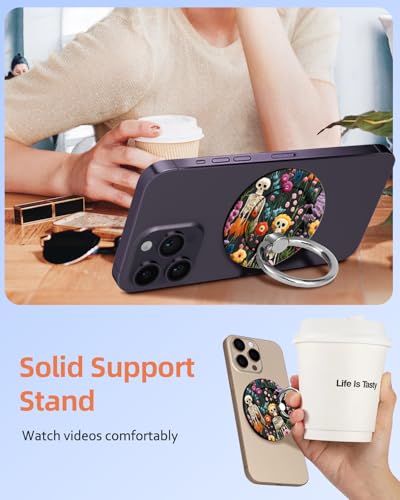 Toycamp Magnetic Phone Grip - Compatible with MagSafe Phone Grip Ring Stand for iPhone 17/16/15/14/13/12 Series Skeleton Spooky Flowers Cute Phone Ring Holder Grip for Women Girls - color: Skeleton Flowers