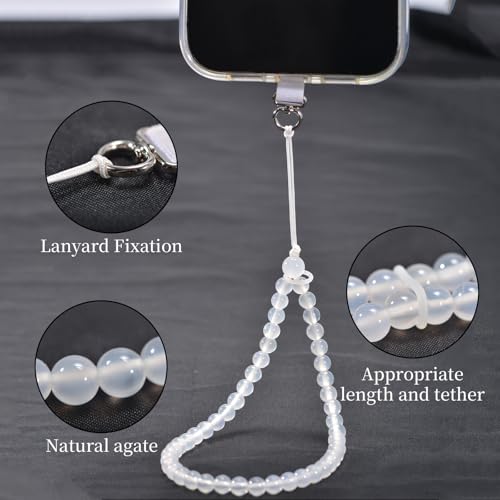 Agate Beaded Phone Wrist Strap for Women Men Stone Beads Charm Handmade Cellphone Chain Lanyard with Tether Tab - color: White-2, size: 6mm Beads