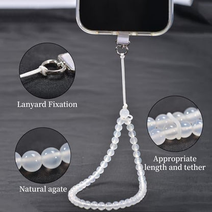 Agate Beaded Phone Wrist Strap for Women Men Stone Beads Charm Handmade Cellphone Chain Lanyard with Tether Tab - color: White-2, size: 6mm Beads