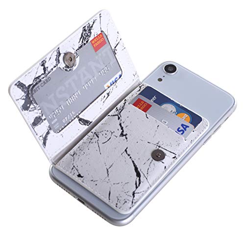 CheapSunday ID Card Holder for Back of Phone Leather Phone Wallet Stick On with Stand Flip Waterproof Leather Adhesive Wallet for Most Cellphones (Marble White) - color: Marble White