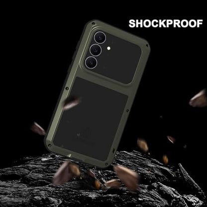 LOVE MEI Military Rugged Case for Samsung Galaxy S25 FE 5G, with Tempered Glass Screen Protector, Shockproof Dustproof Scratch Proof Hybrid Metal and Silicone Gel Heavy Duty Full Body Cover (Green) - color: Green