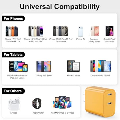 iPhone 18 17 16 15 Charger Fast Charging, 20W Dual Port USB C Charger Block - color: Yellow