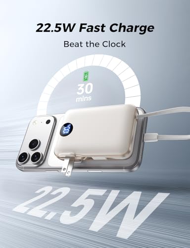 Portable Charger Power Bank 10000mAh, 45% Smaller Built-inCables & AC Plug - color: Off-White