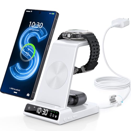 Wireless Charger for Samsung S25 with Clock 3 in 1 Android Charging Station - color: White