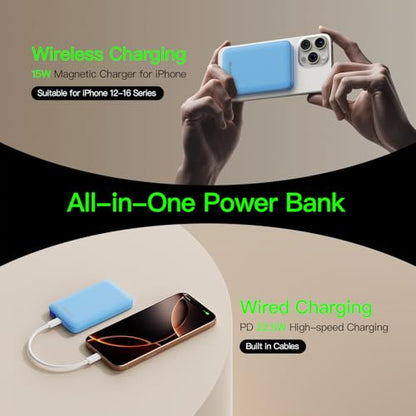 for Magsafe Portable Charger, 5000mAh Slim Wireless Magnetic Power Bank | 20W USB-C Power Delivery,LED Display,Travel Essential for Magsafe Battery Pack Compatible with iPhone 17-12 Series - color: Light Blue