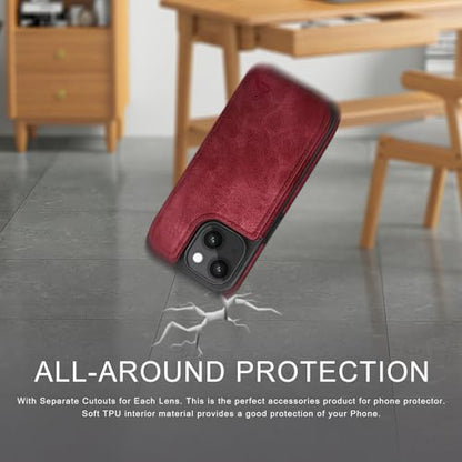 DJDUCK Designed for iPhone 15 Case Wallet with Card Holder, [Magnetic Clasp Cover] [RFID Blocking Leather Protection] Shockproof Women Men Cases 6.1 Inch for Apple 15 Red - color: Red