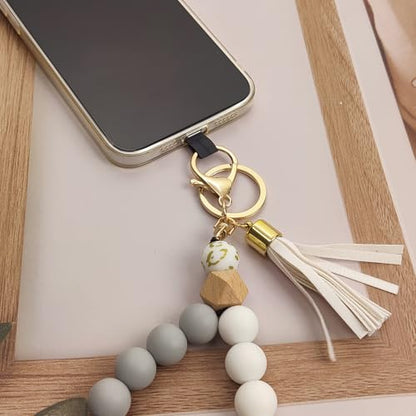 Phone Lanyard Silicone Beaded Phone Wrist Strap Cute Elastic Cell Phone Wristlet Chain Bracelet with 2 Tether Tab - color: White