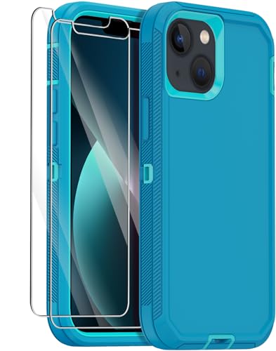for iPhone 13 Case with 2 Screen Protector,Shockproof Drop Protection Full Body Heavy Duty 3 Layer Military Rugged Durable Phone Cover for Apple iPhone 13 6.1" (Light Blue) - color: Light Blue
