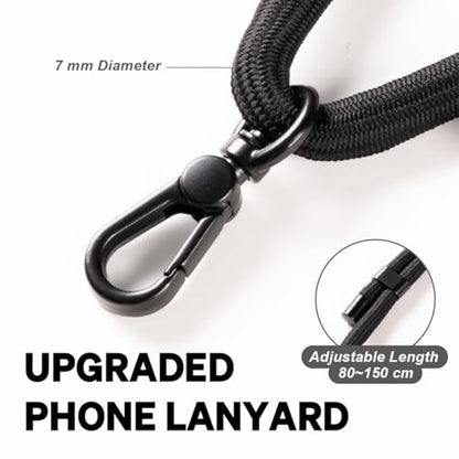 Universal 7mm Phone Lanyard for iPhone 16 Pro Max & Most Smartphones, Thick Rope Adjustable Anti-Theft Crossbody Cell Phone Strap with Non-Adhesive Tether Tab for Men & Women, Black/Matte Black - color: Black