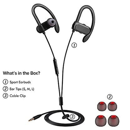 3.5mm Wired In-ear Earbuds Headphones with Mic, Ear Hooks & Noise-Isolation