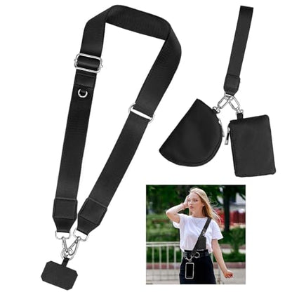 Clip and Go Phone Strap Crossbody with Zipper Wallet, 2 Pcs-Crossbody Lanyard & Wrist Strap-1 Pad, 2 Wallets, Save Girls Phone Strap with Pouch, Universal Lanyard Cellphone Holder (Black) - color: 2 Bags Phone Strap-black
