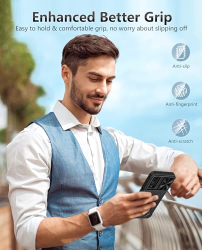 FNTCASE for Samsung Galaxy A14-5G Case with Slide Camera Cover & Holster | Built in Kickstand, Military Grade Dropproof Protection, Heavy Duty Rugged Phone case, Outdoor Protection - color: Black Matte