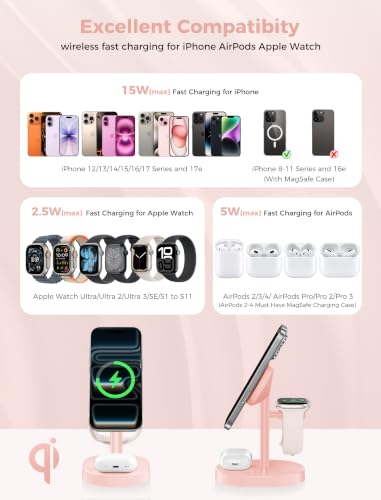 Mag-Safe Charger 3 in 1 Charging Station for iPhone Apple Watch AirPods - color: Pink, size: 15W