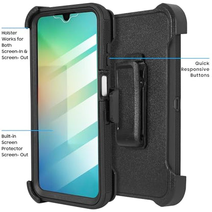 Compatible for Samsung Galaxy A26 5G, Built in Screen Protector, Belt Clip Holster Heavy Duty Defender Case Dustproof Shockproof Protection (Black) - color: Black